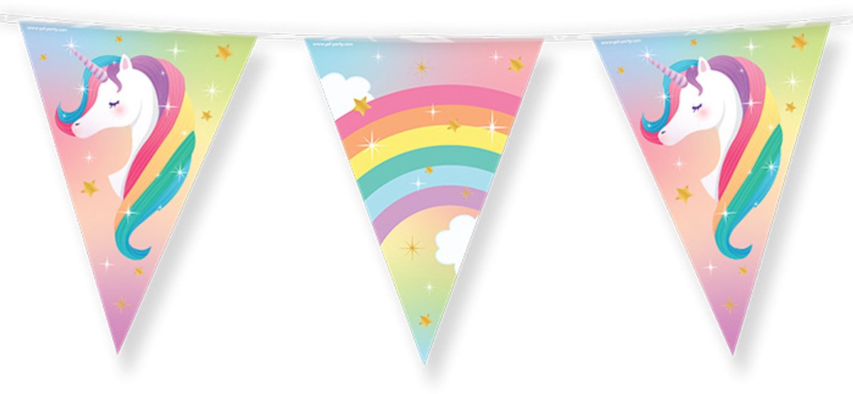 Dubbelzijdige Vlaggenlijn | Set á 6 stuks | Lengte: 10 meter | Thema: Eenhoorn | Kleur: Regenboog